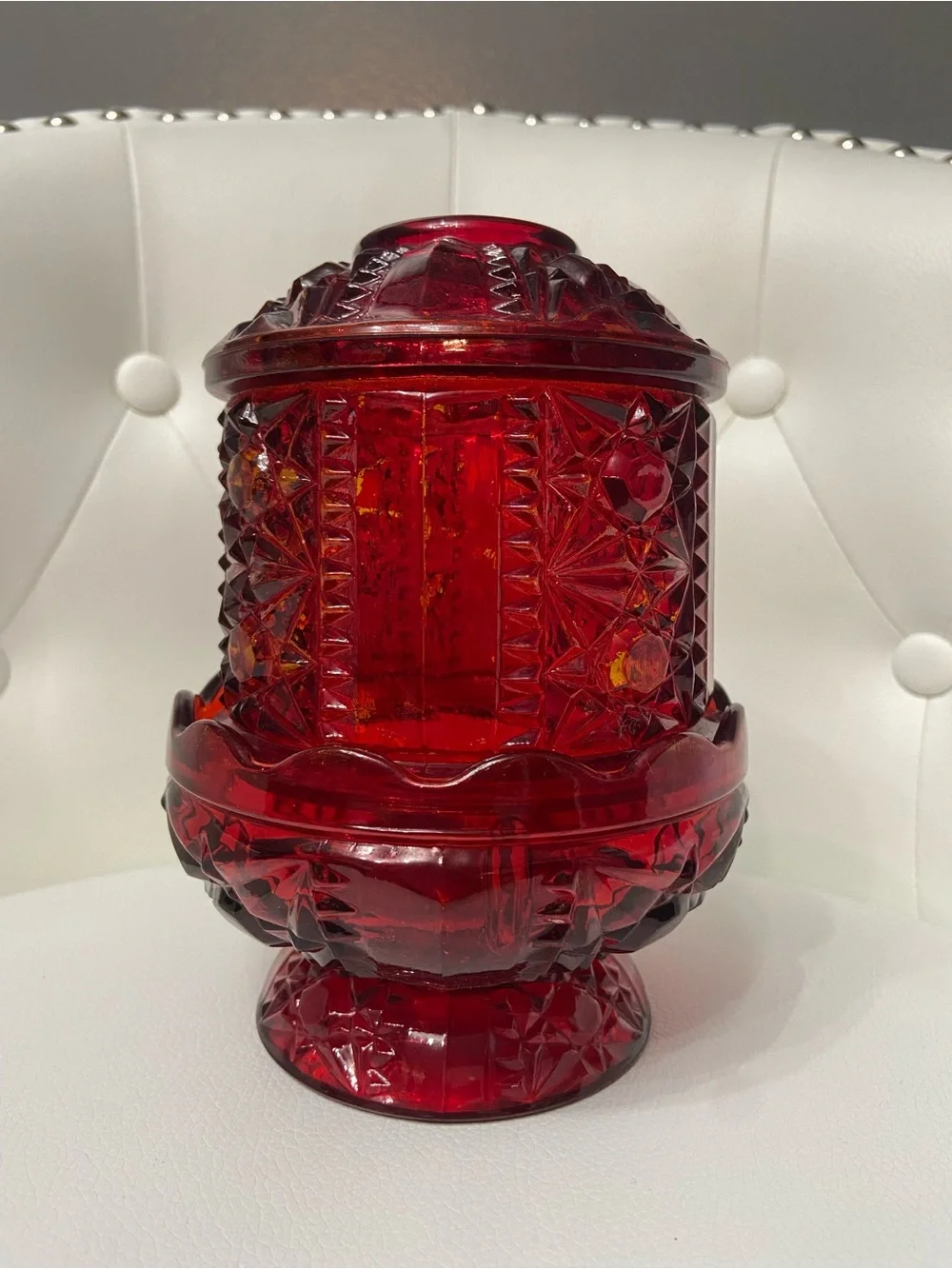 Vintage INDIANA GLASS Fairy Lamp Ruby Flash Red over Amber STARS & BARS - Picture 4 of 17
